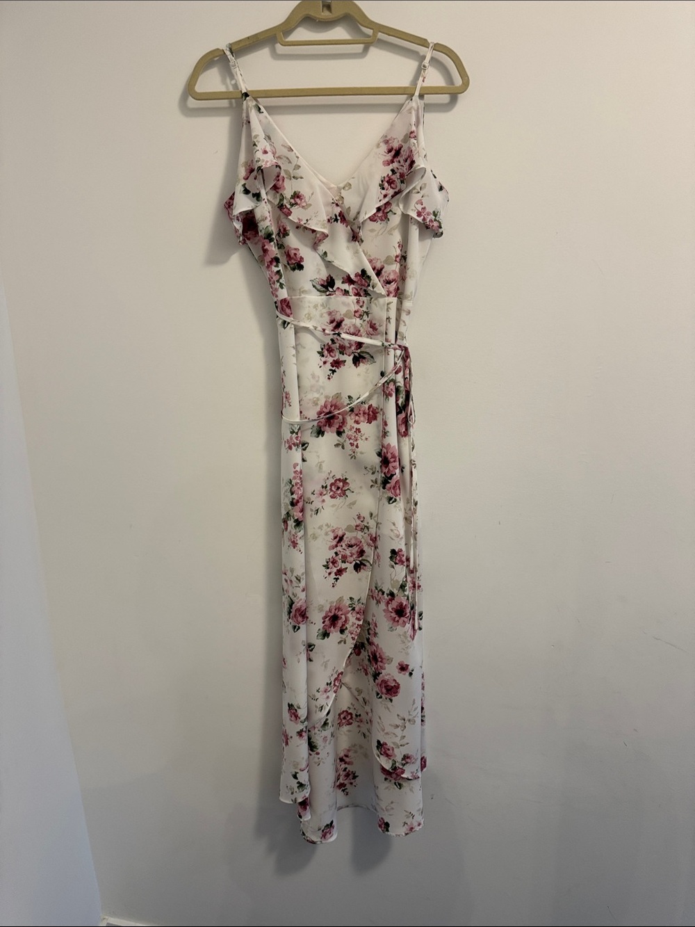 Floral Ruffle Wrap Maxi Dress - White with Pink Floral